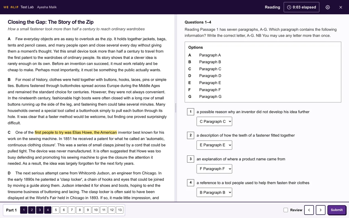 A Test Lab reading test: the passage on the left with a highlighted phrase, the questions on the right